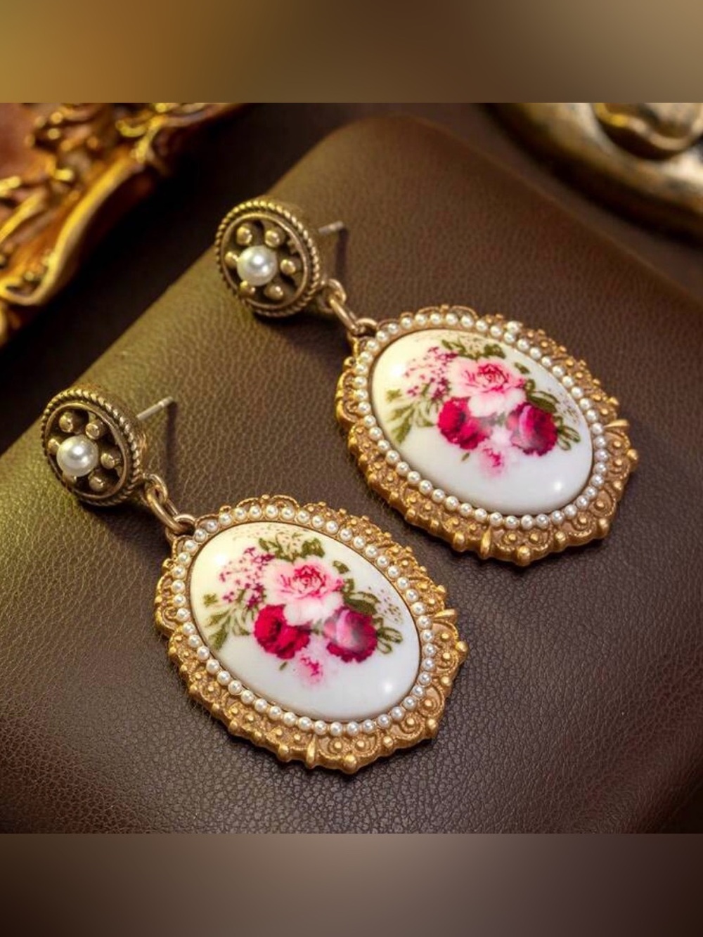 Vintage Gold and Pink Floral Cameo Drop Earrings